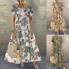 Lady Boho Floral Maxi Dress Short Sleeve Summer Kaftan Long Sundress Plus Siz ๑
