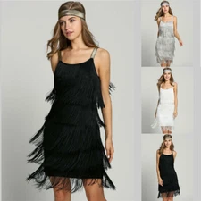 1920s Party Dress Ro Rox Cocktail Tassel Fringe Flapper w. Headband Great Gatsby