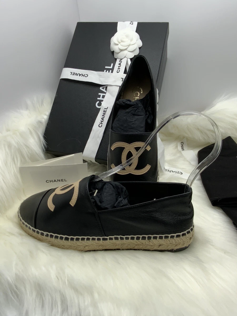 *BNIB* CHANEL Beige/Black Lambskin CC logo Espadrilles / Size EU 37 Box And  More