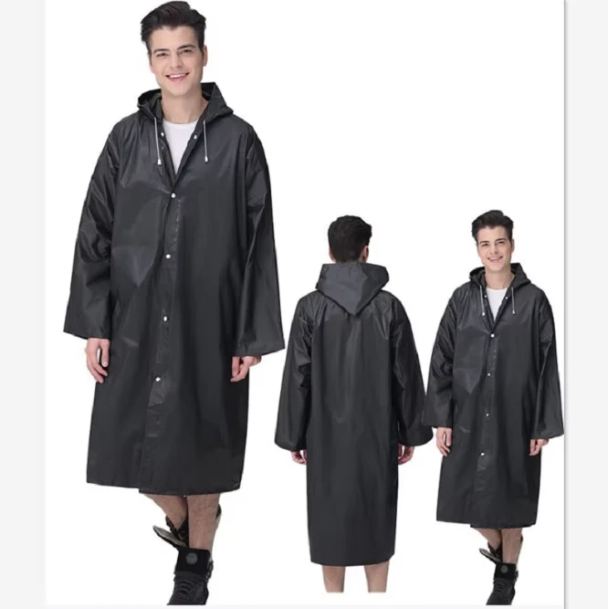 Men Black Waterproof Hooded Rain Coat Raincoat Trench Long Outdoor Hiking Jacket