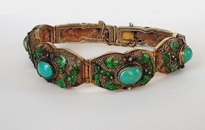 Antique Chinese Export Asian Turquoise Silver Leaves Enamel Filigree Bracelet
