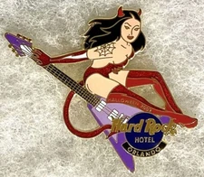 HARD ROCK HOTEL ORLANDO SEXY DEVIL GIRL ON PURPLE FLYING V GUITAR PIN # 14555