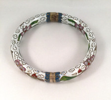 Vintage Jewellery Hinged Cloisonne White and Gold Bangle Antique Deco Jewelry