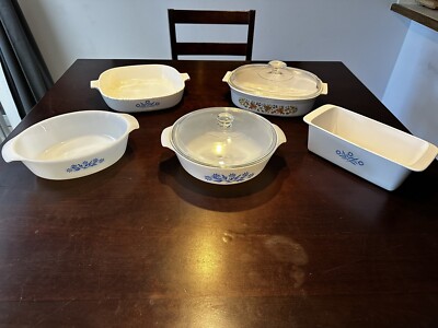 5 Piece VINTAGE ULTRA  RARE Corning Ware Blue Corn Flower ANCHOR HOCKING