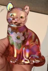 Fenton Glass Cat Iridescent Pink Hand Painted Flowers Floral Artist Signed 3.5"