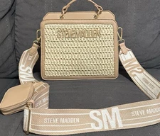 STEVE MADDEN BEVELYN STRAW SATCHEL CROSSBODY BAG W AIR POD CASE CAMEL