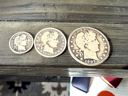 Barber Silver Coins (3) 1915 Dime/ 1897 Quarter /1907 Half Dollar Nice Condition
