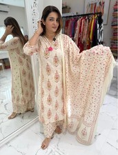 Hand Block Printed Pure Cotton Salwar Suit Indian Women's Kurti Pant Dupatta Set