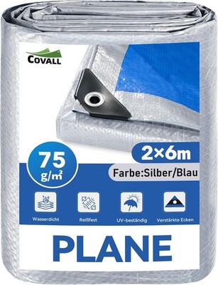 Plane 2 x 6 m 75g/m² Wasserdicht PE Silber Blau UV Reißfest Mit Ösen Camping