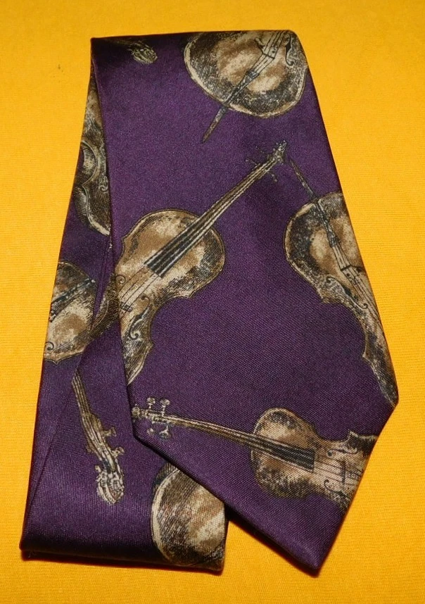 CLAIBORNE MADE IN U.S.A. PURPLE/BEIGE/BROWN VIOLIN MOTIF TIE - DESIGNER TIES. - Image 2 of 3