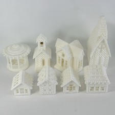 Plastic Canvas Christmas Village White Handmade Needlepoint Vintage 8 Pc Church