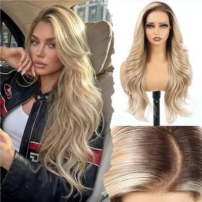 HD Front Lace Wig Human Hair Blend Highlights  Long Wavy Blonde 