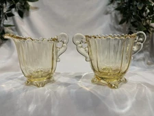 Cambridge yellow Martha glass 1930s footed creamer and sugar