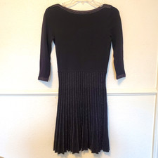 Ann Taylor Party Dress Knit Pleated Black Silver Glitter Accent Modest Womens XS