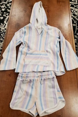 Roxy Small Size 7 Girls Pastel Striped Hooded Top & Shorts Set