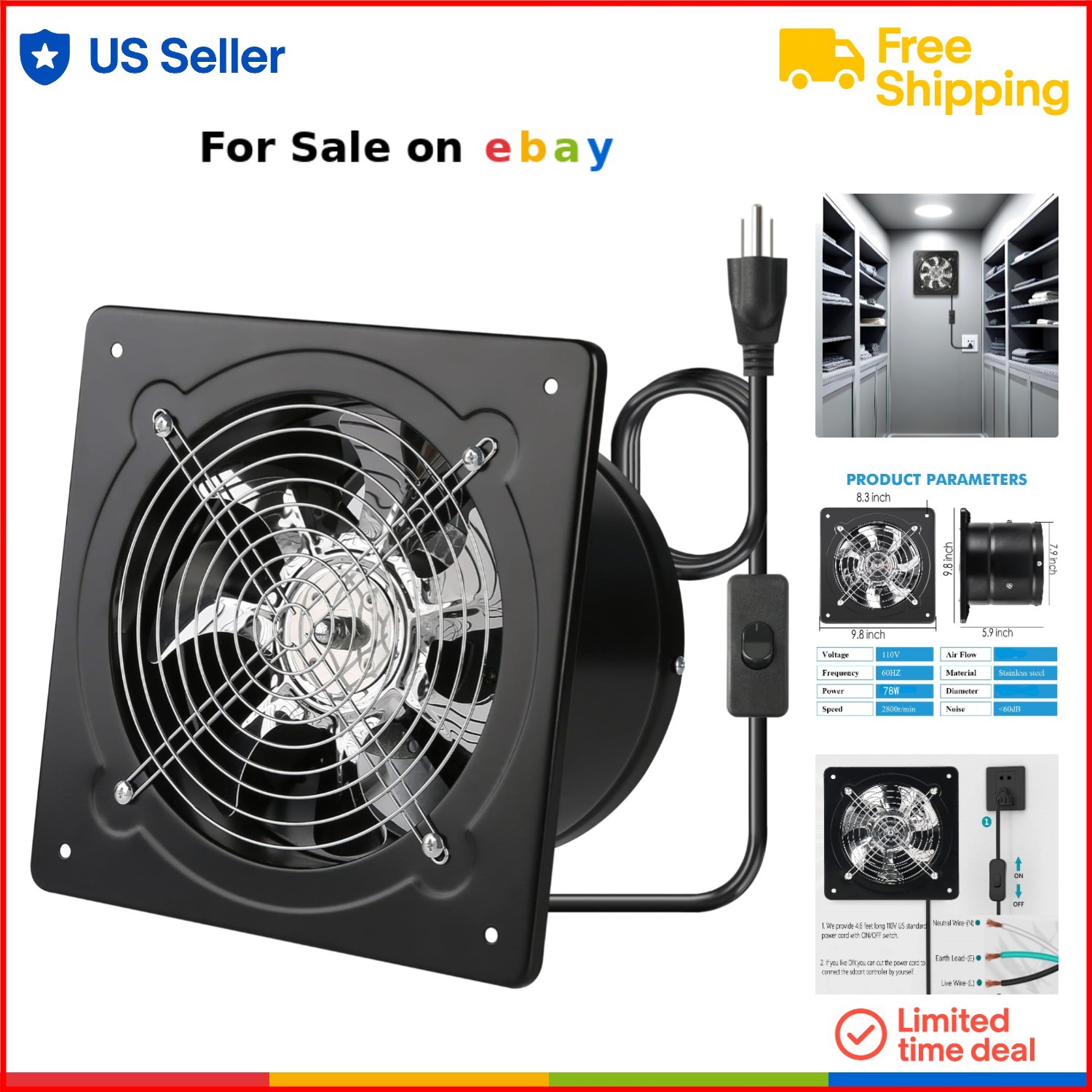 8 Inch Waterproof Metal Wall Mount Exhaust Ventilation Fan with Switch