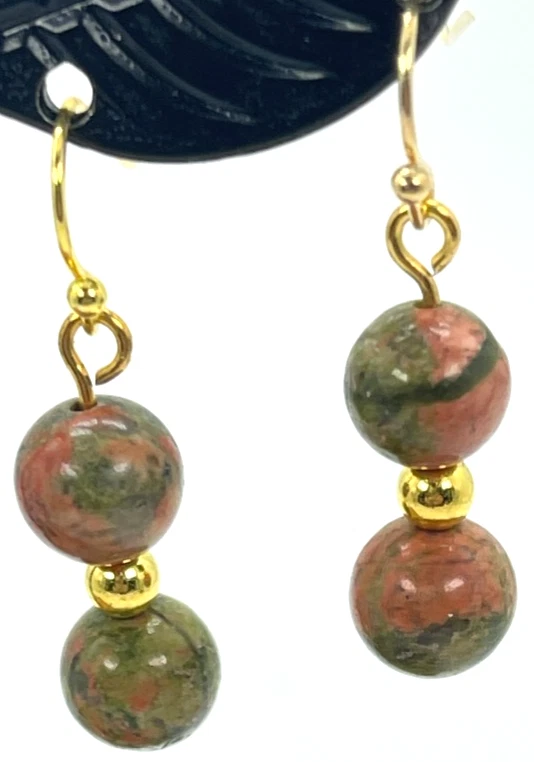 Earrings Gold Tone Hooks w/ Green & Orange Polished Unakite Crystals Drop = 1" - Image 2 of 4