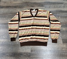 Vintage 70s Campus Velour Striped Shirt V Neck L Pullover Rust Hippy Mod USA