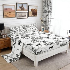 Western Sheet Set Queen Size Sketch Cowboy Cow and Horse Bedding Set 4Pcs Farm A