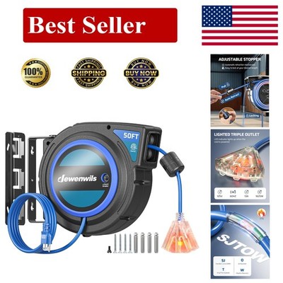 50 FT Retractable Extension Cord Reel with 180Â° Swivel Bracket, Heavy-Duty Blue