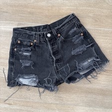 Vintage Levi's 501 Made in USA Distressed Black Denim Cut Off Shorts Size 28
