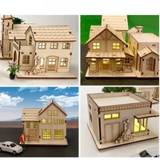 Miniatures Dollhouse Unfinished Wooden Tiny House Villa with Lamp Assemble Kit