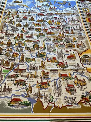 Vtg Kunstlerhandruck Germany Map Tablecloth Cities Coats Arms Crests 62x51 NWT