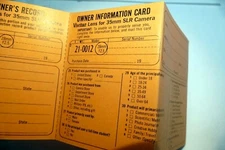 Vivitar Dealer Sales record  Owner's Information Card 28mm f2.5 vintage