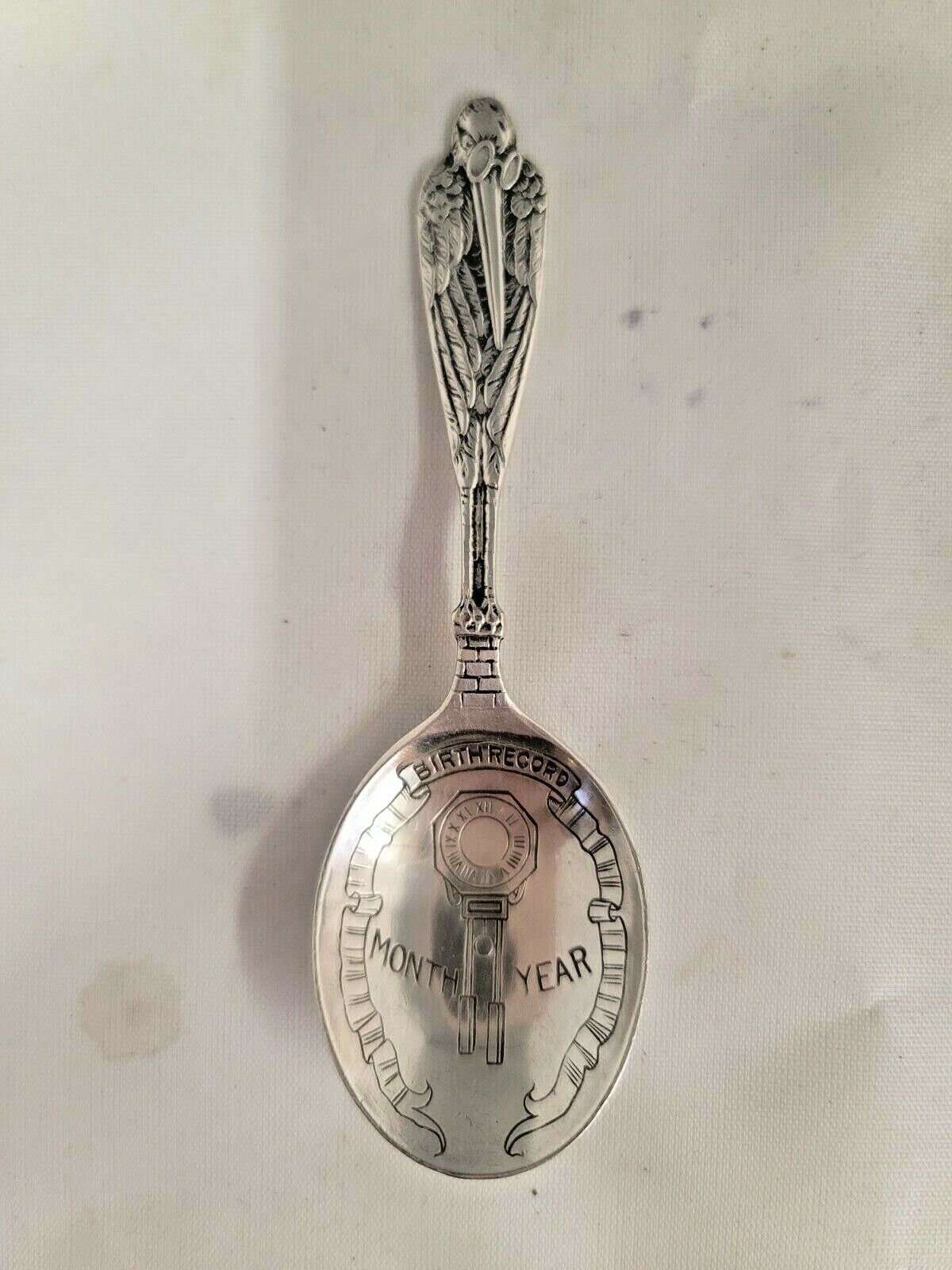 Stork Handle Birth Record Baby Spoon Webster Sterling Silver No Mono