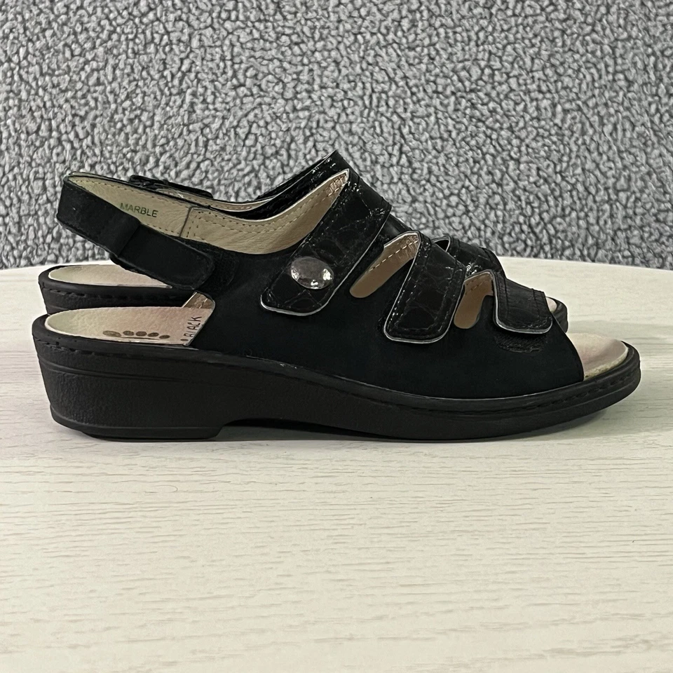 Spring Step Sandals Womens 41 / 9.5 Black Leather Strappy Slingback Wedge Shoes - Image 4 of 4