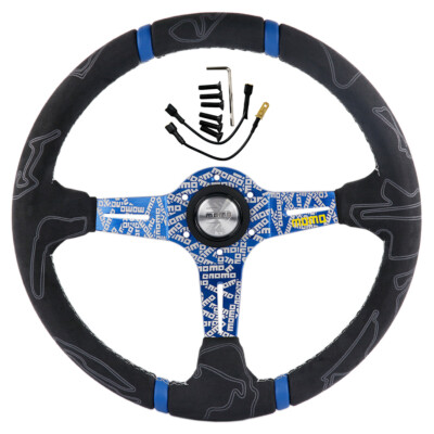 Blue momo ULTRA 350mm Deep Dish Suede Racing Car Sport Steering Wheel