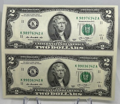 #ad Fancy Serial Number Uncut Bills $2 Bills Uncirculated. Mint Condition. $16.99