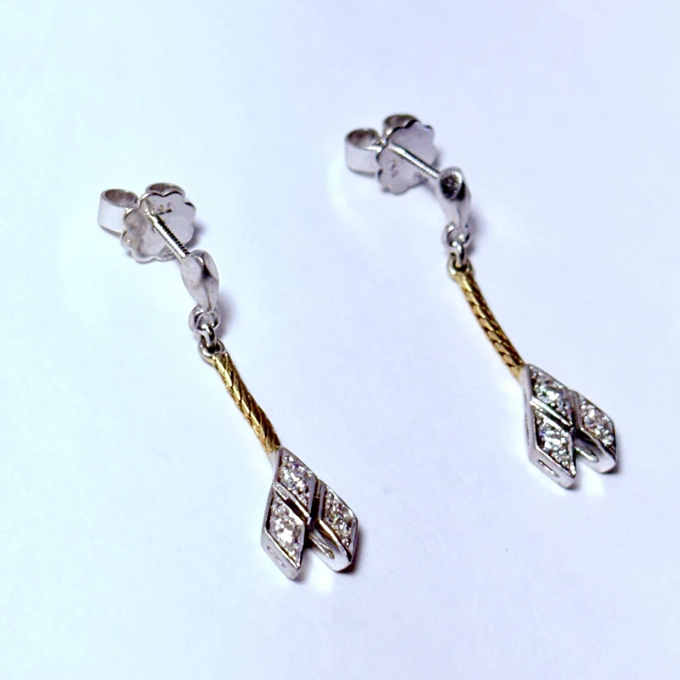 18K Two Tone Gold 0.18ctw Diamond Screw Back Dangle Earrings 3.3g - Image 3 of 4