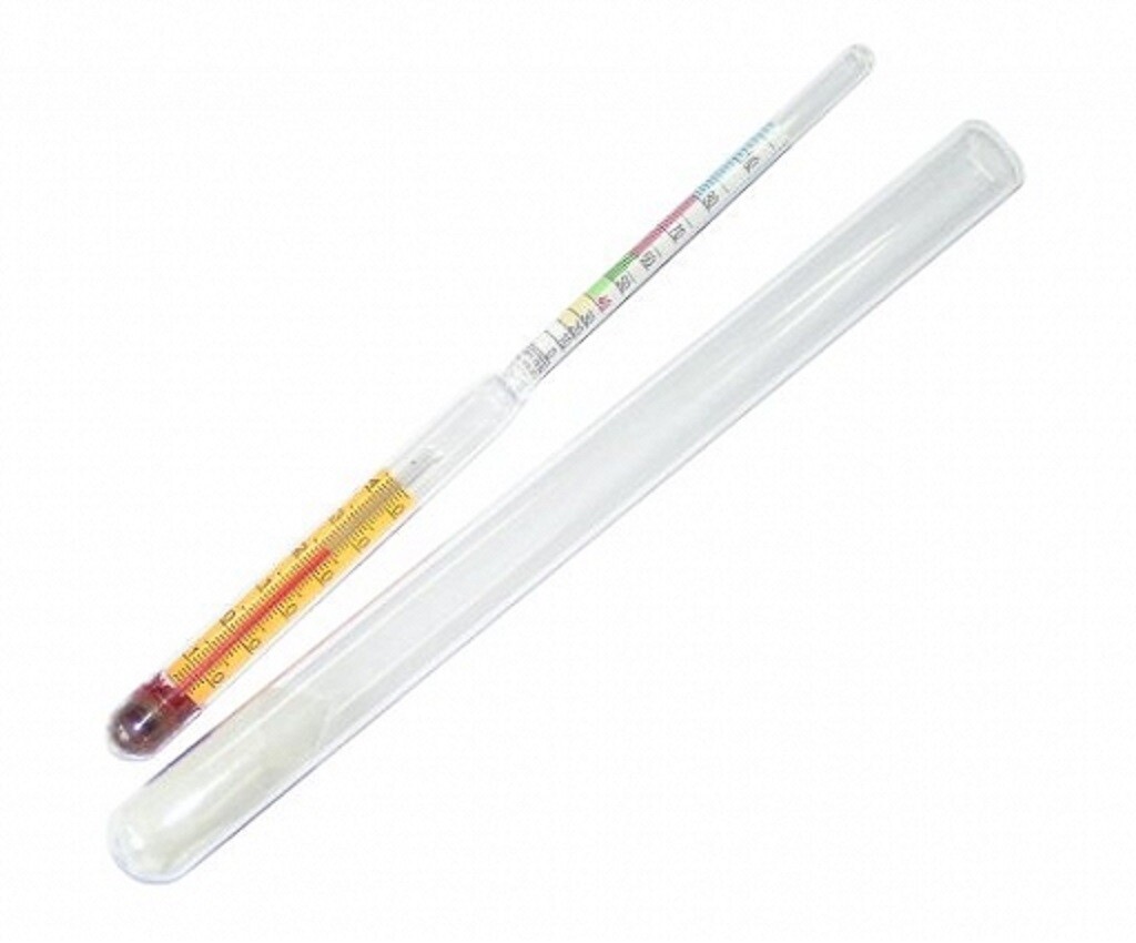 Alkoholmeter mit Messzylinder aus Glas und Thermometer - Alkoholmesser