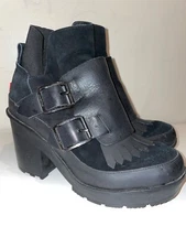 HUNTER*BLACK LEATHER FRINGE ANKLE BUCKLE CHUNKY LUGG HEELED PLATFORM BOOTS*38 7