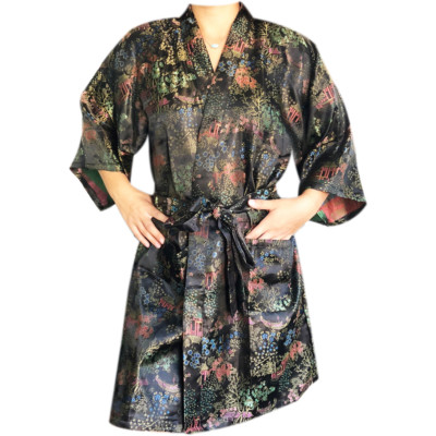 New JET BLACK Toile Robe Woman Housecoat Bathrobe ABOVE KNEE SHORTY