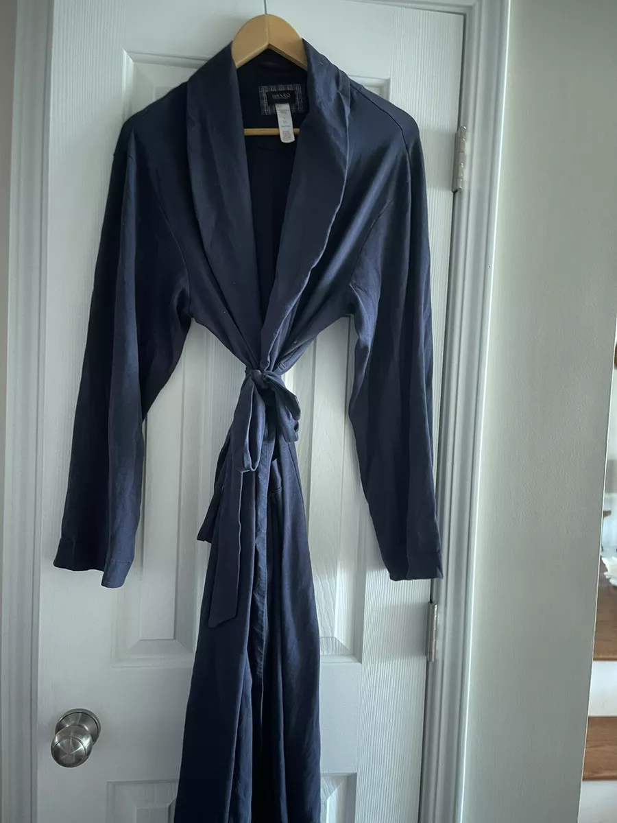 Men s Hanro Night and Day Navy Blue Solid Robe Cotton Lounge