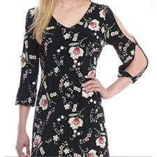Kaari Blue Floral Midi Dress Women's Medium Black Pink Cut Out Sleeves V Neck