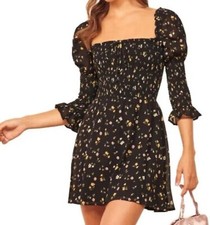 Reformation LouLou Mini Dress M/L Ditsy Floral Venezia Black Ruched Square Neck
