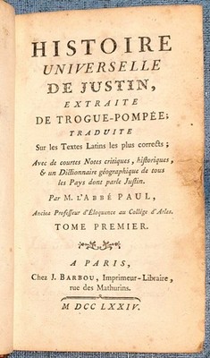 1774 Histoire Universelle De Justin Tome Premier French Antique Book