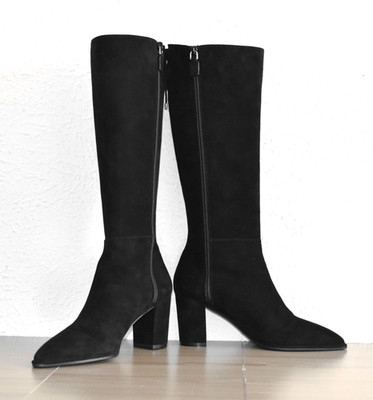 Auth STUART WEITZMAN Black Suede Side Zipper Knee High Tie Back  Boots Size 7 B