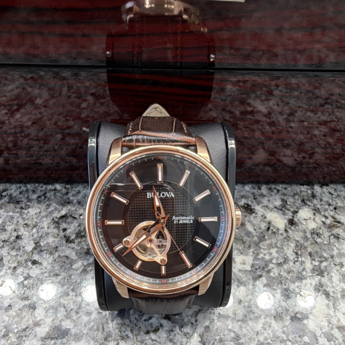 Bulova Automatic 21 Jewels Black Dial Gold Case Brown Leather