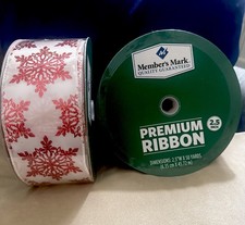 Christmas Premium Ribbon members Mark White With Red Snowflakes  2 Spools New