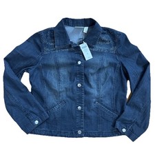 NEW CHICO S Denim Jacket Zebra Embellished Pattern Medium Wash sz 1