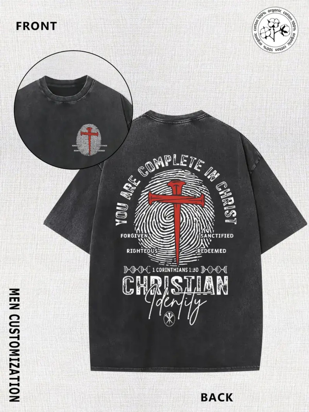 Vintage Washed Christian T-Shirt with Fingerprint Cross Design