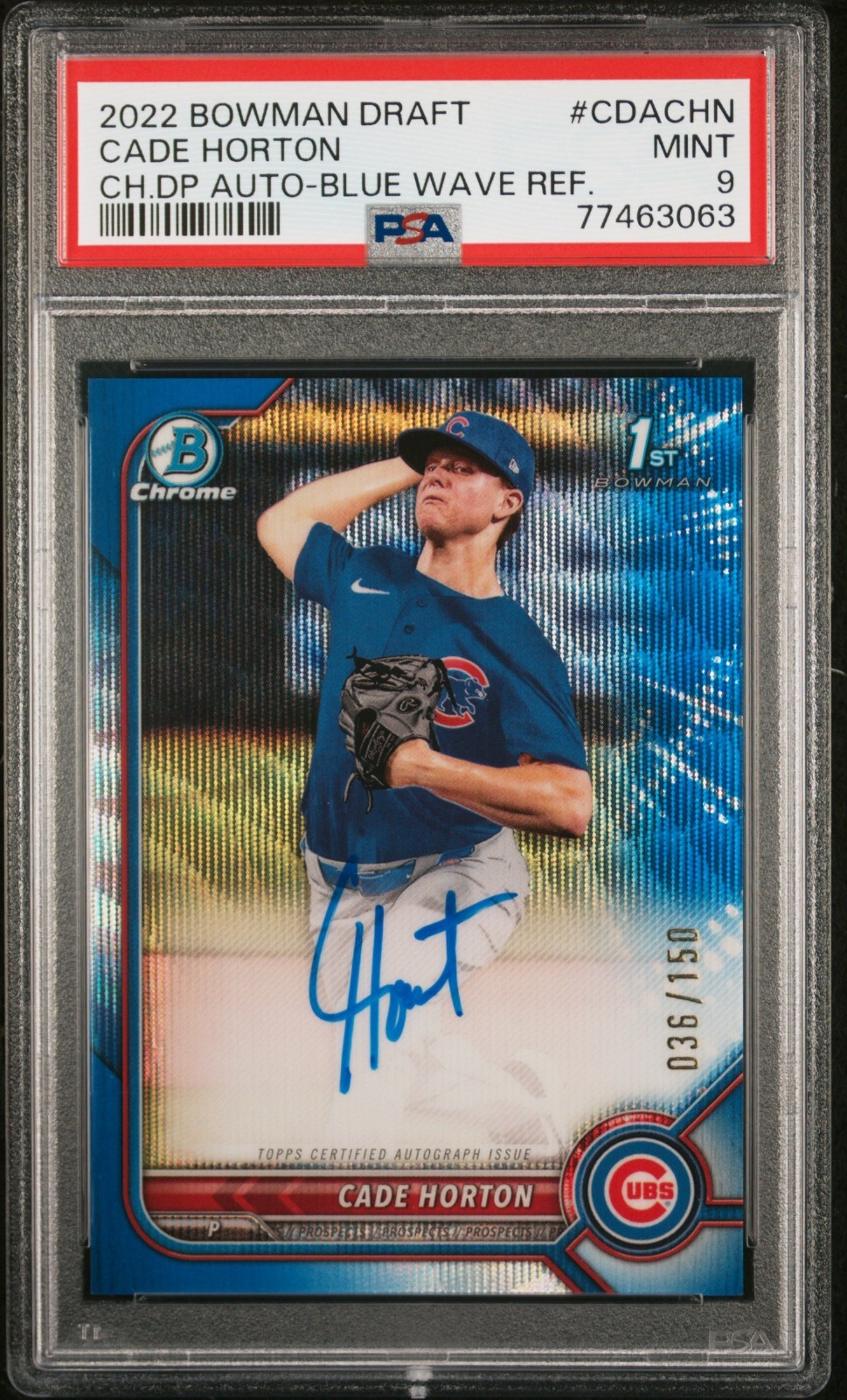 Cade Horton 2022 Bowman Draft Blue Wave 1st Auto /150 PSA 9