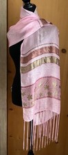 Women's Pink Sheer Fringed Scarf Shawl with Metallic Gold Fabric