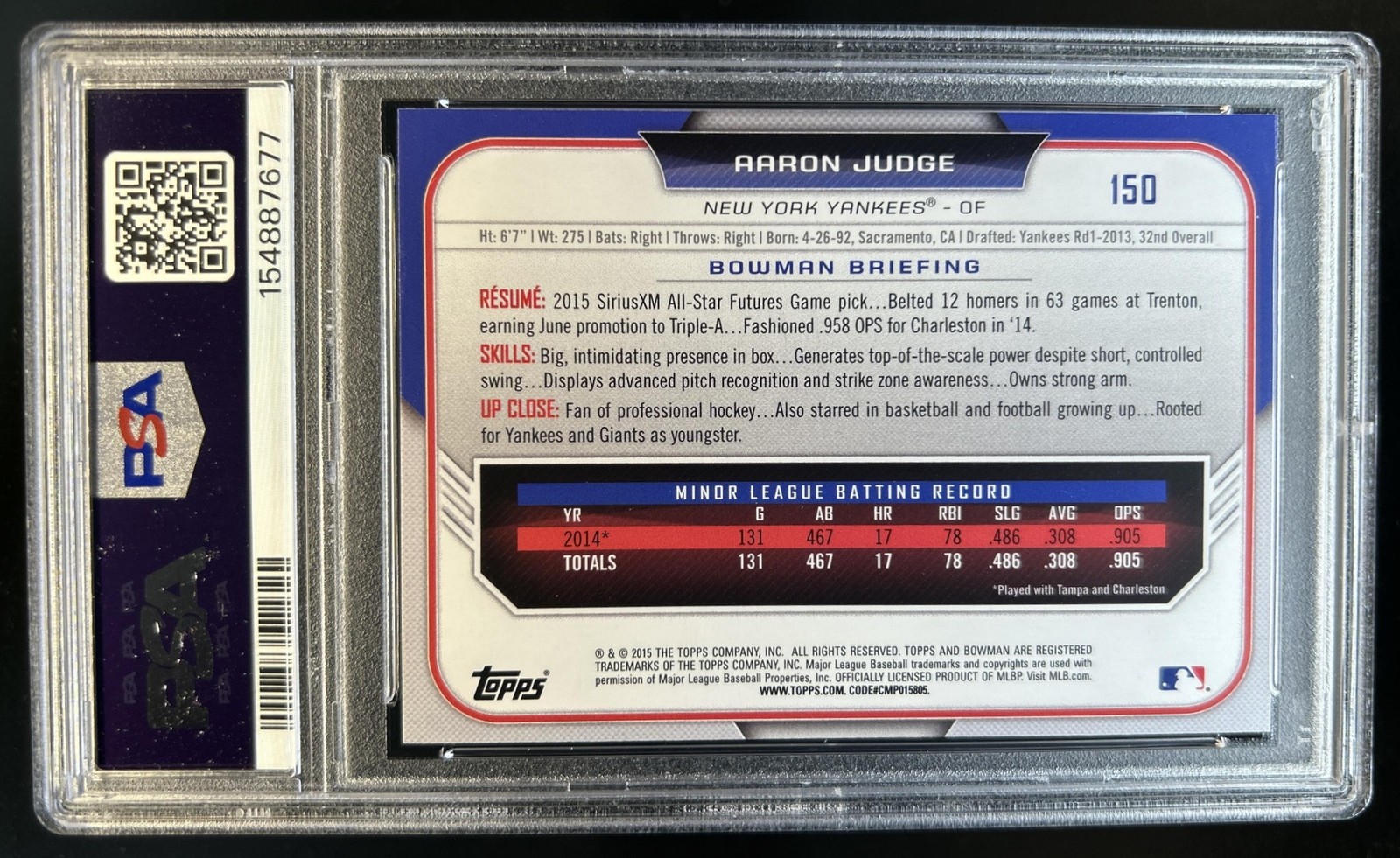 2015 Bowman Draft Aaron Judge #150 New York Yankees PSA 9 view 2