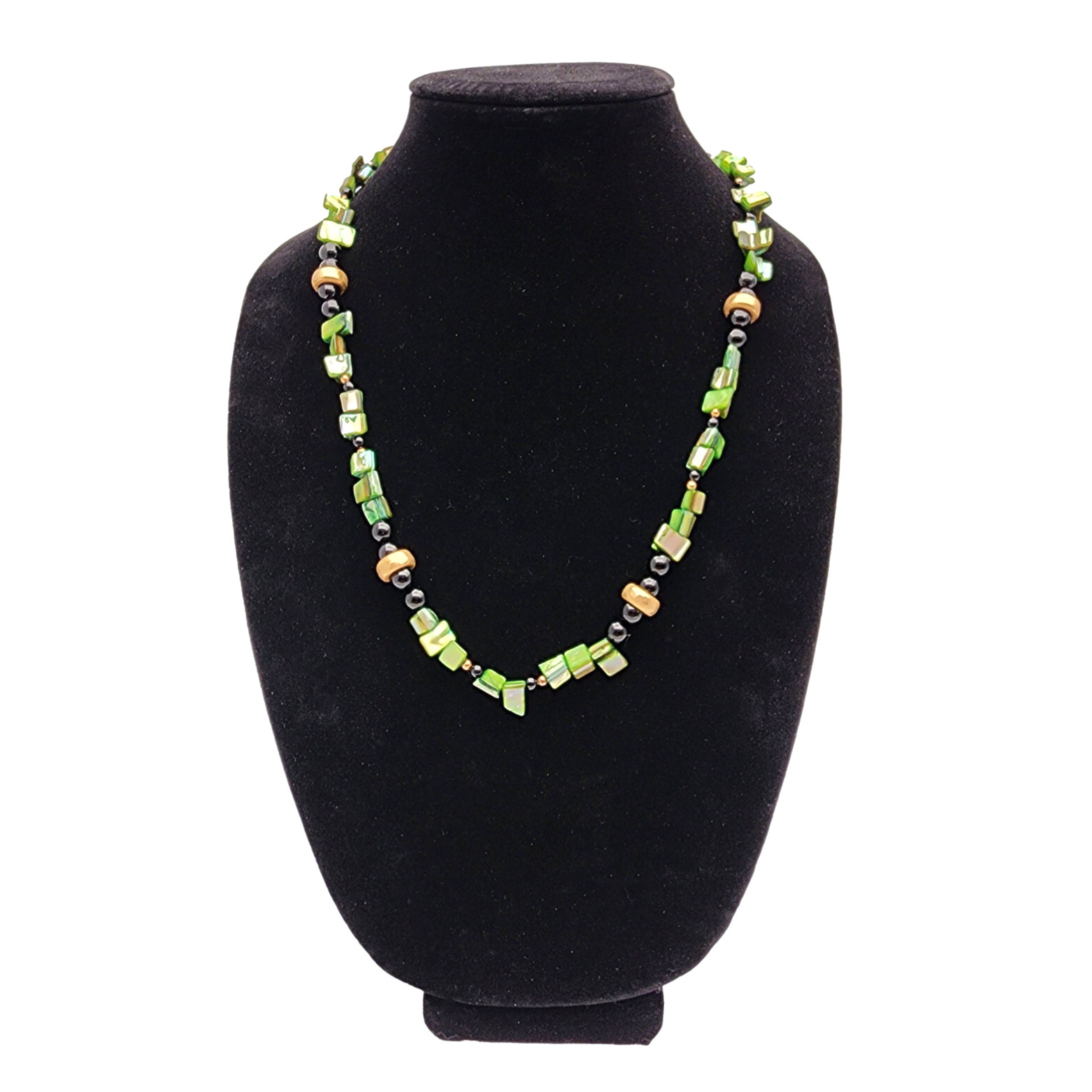 Green Shell Chip Necklace Black Glass Gold Tone Beads 24" Boho Beachy Nature