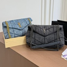 Washed Denim Puffer Flap Bag Chain Quilted Shoulder Crossbody Hobo Purse